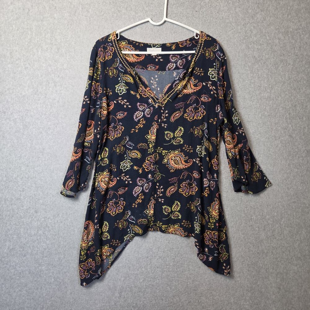 Magnolia Grace Blue Paisley Embroidered 3/4 Sleeve Boho Tunic Women's XL